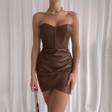 Fishbone Corset Strapless Bodycon Leather Women Sexy Slim Strapless Dress