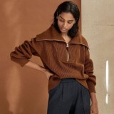 Women's Solid Zip Wide Neck Fashion Casual Top Versatile Sweater