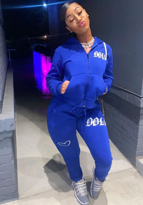 Fall/Winter Letter Print Solid Hooded Hoodies Plus Size Two Piece Tracksuit