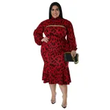 Fall Long Sleeve Printed Slim Stand Collar Long Sleeve Cape Top Strapless Ruffle Dress Wo Piece Set