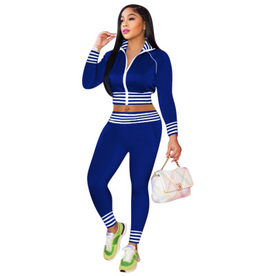 Womens Fashion Casual Open Waist Ribbed Stand Collar Sports Two Piece Pants Set
