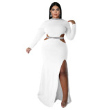 Fall Women'S Fashion Sexy Open Waist Slit Long Sleeve Maxi Dress