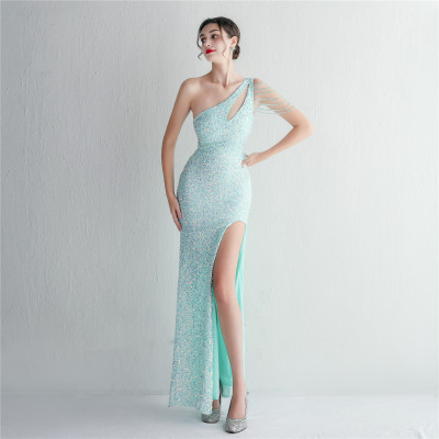 Elegant Beading One-Shoulder Slim-Fit Fishtail Wedding Party Evening Dress