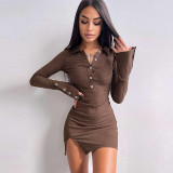 Women'S Fall Fashion Turndown Collar Long Sleeve Slim Slit Bodycon Dress