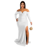 Autumn And Winter Plus Size Women'S Sexy Dress V Neck Solid Color Split Long Nightclub Dress