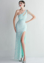 Elegant Beading One-Shoulder Slim-Fit Fishtail Wedding Party Evening Dress