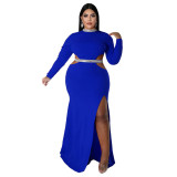 Fall Women'S Fashion Sexy Open Waist Slit Long Sleeve Maxi Dress