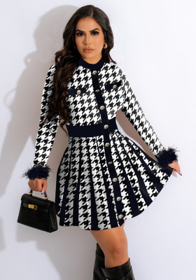 Women Casual Houndstooth Print Pleated Dress