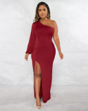 Women Fall Slash Shoulder Balloon Sleeve Solid Slit Bodycon Dress