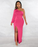 Women Fall Slash Shoulder Balloon Sleeve Solid Slit Bodycon Dress