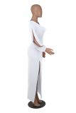 Women Fall Slash Shoulder Balloon Sleeve Solid Slit Bodycon Dress