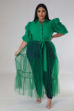 Plus Size Women Chiffon Puff Sleeve Mesh Patchwork Ruched Dress