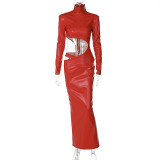 Women's Autumn Winter pu Leather Turtleneck Long Sleeve Open Waist Style Back Zipper Slit Dress