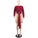Sexy Round Neck Long Sleeve Ruffle Hem Long Sweater Top