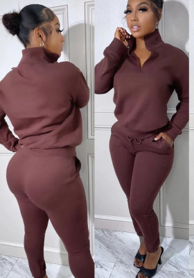 Women's Fashion Solid Hoodies Casual Sports Stand Collar Zip Cotton Two Piece