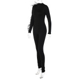 Women's Winter Fashion Casual Solid Round Neck Slim Long Sleeve Jumpsuit