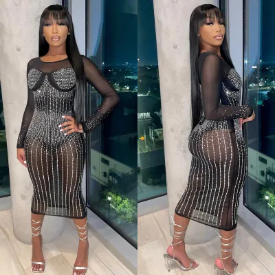 Fall Winter Women's Sexy Mesh Beaded One Piece Long Sleeve Dress