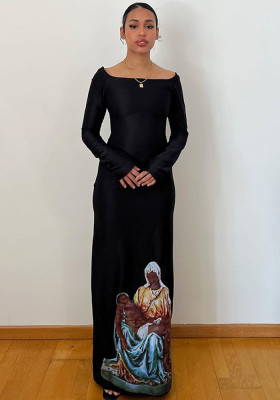 Women's Fall Chic Slim Fashion Print Long Sleeve Round Neck Versatile Dress