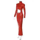 Women's Autumn Winter pu Leather Turtleneck Long Sleeve Open Waist Style Back Zipper Slit Dress