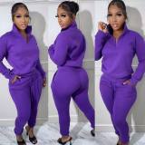 Women's Fashion Solid Hoodies Casual Sports Stand Collar Zip Cotton Two Piece