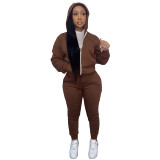 Fall Winter Fleece Hoodies Zip Hooded Two-Piece Set