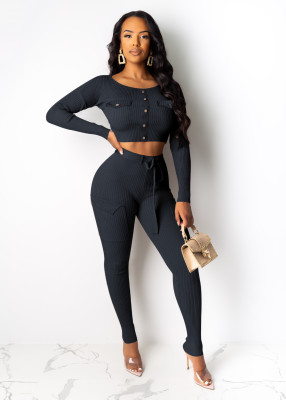 Fall Winter Fashion Casual Long Sleeve Ribbed Two Piece