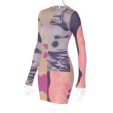 Women's Fall Winter Abstract Print Tight Fitting Sexy Round Neck Long Sleeve Bodycon Dress