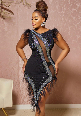 see through slim beaded pearl feather party dress