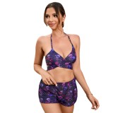 Bikini Skull Print Crossover Halter Neck Three-Piece Women Swimsuit