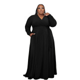 Fall Casual Women'S Solid Pocket Wrap V-Neck Long Sleeve Plus Size Maxi Dress
