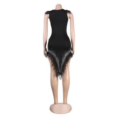 see through slim beaded pearl feather party dress