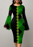 Women's 3d Geometric Print Round Neck Bell Bottom Sleeve Slit Dress