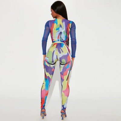 Women Winter Print Long Sleeve Bodysuit and Pant Two Piece