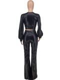 Women Pu Leather Lace Up Long Sleeve Top And Pant Two Piece