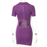 Women's Fall Solid Casual Turndown Collar Button Short Sleeve Diamond Chain Cutout Short Dress