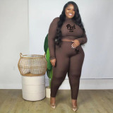 Plus Size Women's Fall/Winter Printed Ribbed Ribbed Long Sleeve Two Piece Set