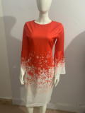 Women's 3d Geometric Print Round Neck Bell Bottom Sleeve Slit Dress