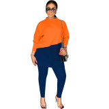 Women's Suit Fall Long Sleeve Round Neck Loose Casual Color Block Hoodies Tight Pants Two Piece