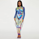 Women Winter Print Long Sleeve Bodysuit and Pant Two Piece