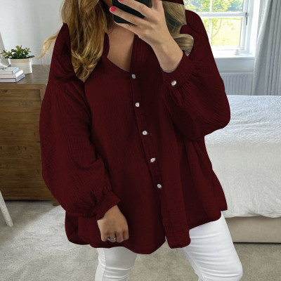 Women Autumn Solid Color Loose Long Sleeve Shirt