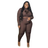 Plus Size Women's Fall/Winter Printed Ribbed Ribbed Long Sleeve Two Piece Set