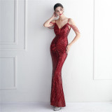 Plus Size Beauty Elegant Sequins straps V-neck Formal Party Evening Dress