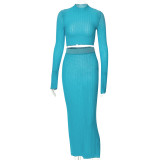 Women's Fall Solid Casual Crop Long Sleeve Round Neck Top Slim Maxi Skirt two piece Set