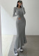 Women's Fall Solid Casual Round Neck Long Sleeve Slim Fit Fishtail Maxi Dress