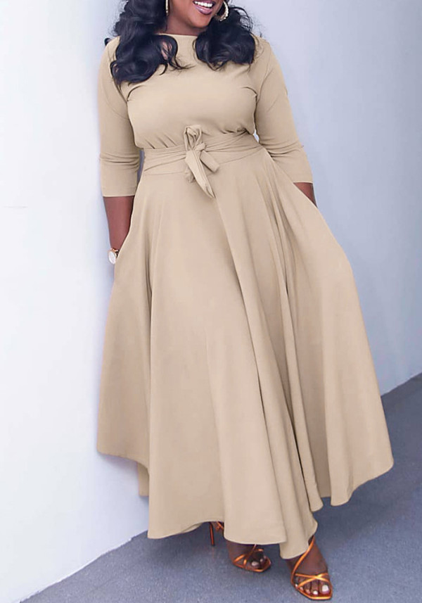 Women's Fall Winter Fashion Chic Solid long sleeve Belted African Plus Size Maxi Dress