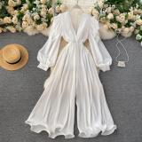 Women Retro One Piece V-Neck Puff Sleeve Slim Waist Slim Fit Ruffle Wide Leg Jumpsuits