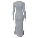 Women's Fall Solid Casual Round Neck Long Sleeve Slim Fit Fishtail Maxi Dress
