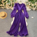 Women Retro One Piece V-Neck Puff Sleeve Slim Waist Slim Fit Ruffle Wide Leg Jumpsuits