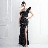 Elegant Sequin Ruffled One Shoulder Slit Prom Dress Slim Fit Fishtail Formal Party Evening Gowns