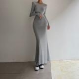 Women's Fall Solid Casual Round Neck Long Sleeve Slim Fit Fishtail Maxi Dress